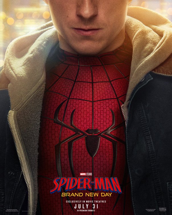 Official theatrical poster for Spider-Man: Brand New Day featuring Tom Holland in the new 2026 suit.
