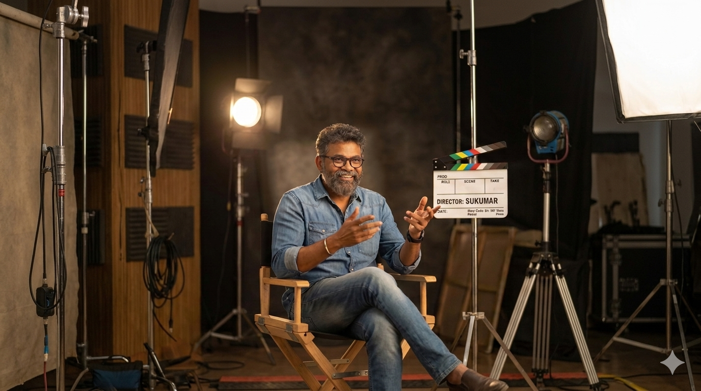 Director Sukumar on a movie set, the visionary behind the unique Sukumar Direction Style in Tollywood.