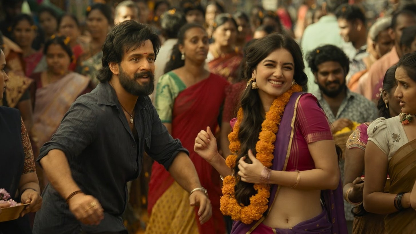 Heroine Bhagyashri Borse and actor Akhil Akkineni on screen chemistry in Lenin movie romantic scene.